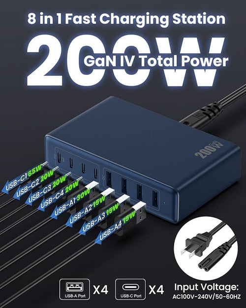 200W USB C Charger Block, GaN IV Charging Station 8 Ports, QC4.0 Fast Charging - Image 2