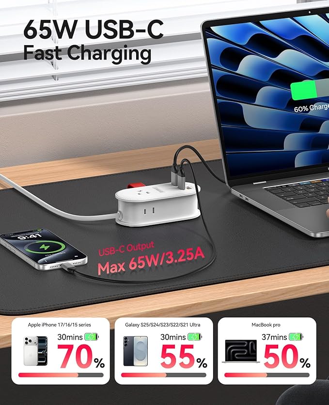 ORICO 65W USB Travel Power Strip, 7 in 1 Charging Station - Image 4