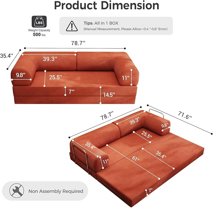 5-in-1 Folding Convertible Sofa Bed, 78 Inch Oversized Corduroy Upholstered - Image 2