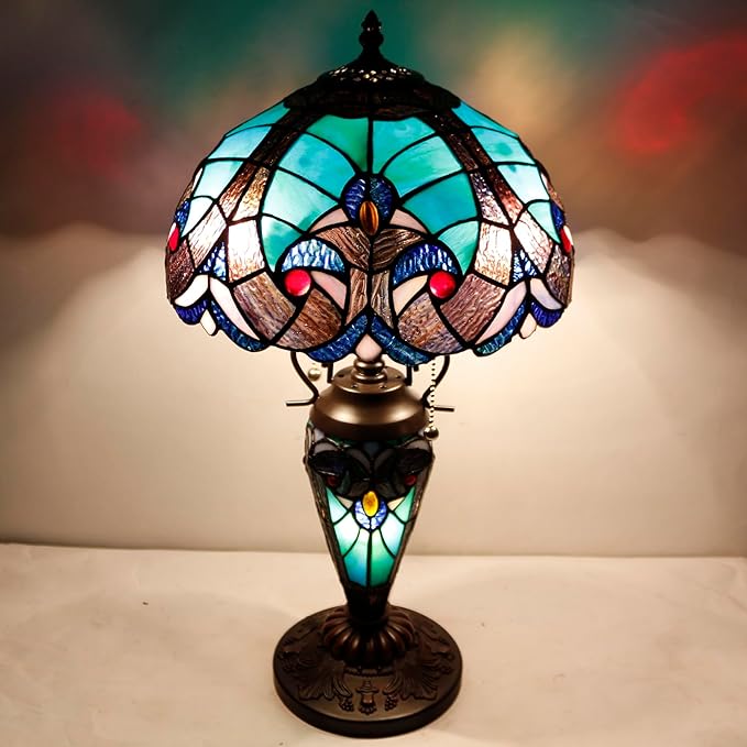WERFACTORY Tiffany Style Table Lamp Green Stained Glass Liaison Lamp 12X12X22 - Image 6