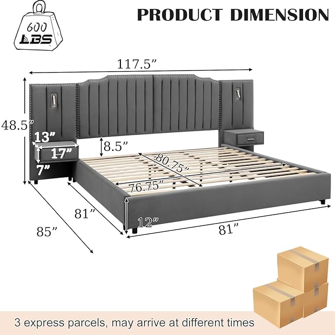 King Size Bed Frame with Storage, Luxury King Platform Bed Frame with Headboard - Image 2