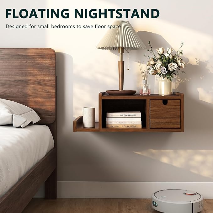 Floating Nightstand Wall Mounted, Walnut Bedside Table - Image 4
