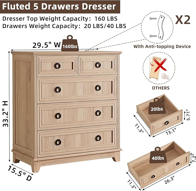 Farmhouse 5 Drawer Dresser for Bedroom, 33.2" Tall Small Dressers & Chest of - Image 2