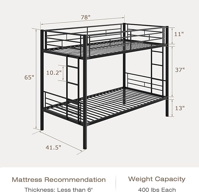 VECELO Bunk Bed Twin Over Twin, Metal Bunkbeds - Image 2