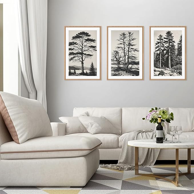 LHIUEM Large Vintage Sketch Tree Framed Wall Art Set, Antique Black and White - Image 3