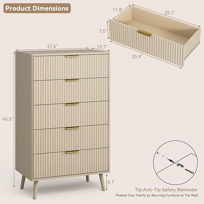 CARPETNAL Fluted 5 Drawers Dresser - Image 2