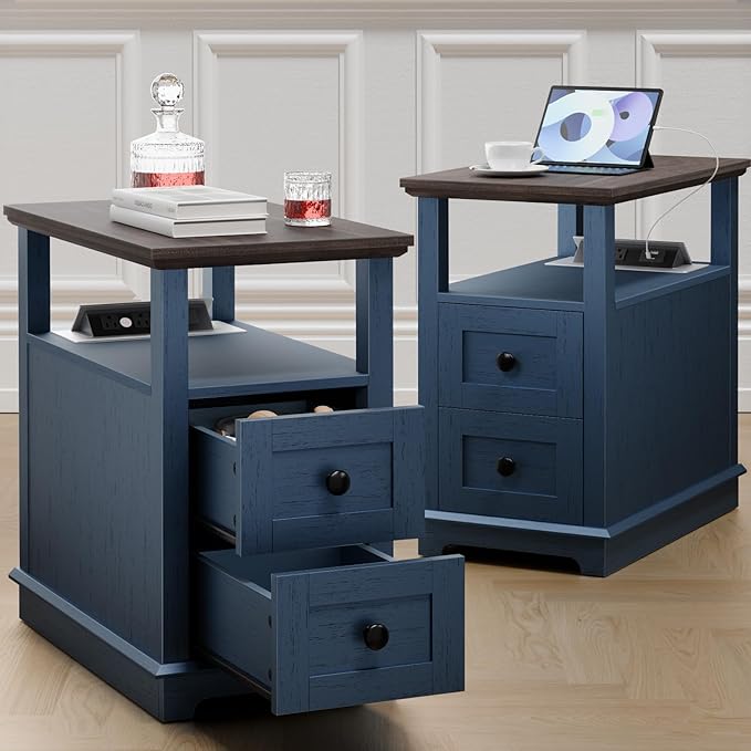 HIFYOBRO Narrow End Table with Flip Top Charging Station Set of 2, Side Table by HIFYOBROUS