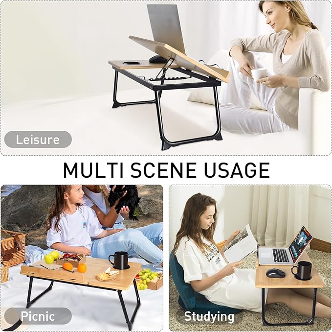wishacc Book Stand for Reading in Bed, Bamboo Laptop Stand Adjustable Book - Image 4