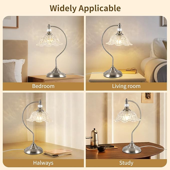 Brushed Nickel Table Lamp with a Floral Clear Glass Shade, A Plug-in Nightstand - Image 4