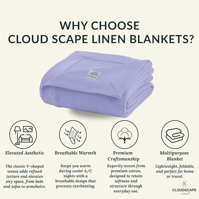 Cloud Scape Linen 100% Cotton Throw Blanket 50x70 Lavender Blue, Luxury - Image 4