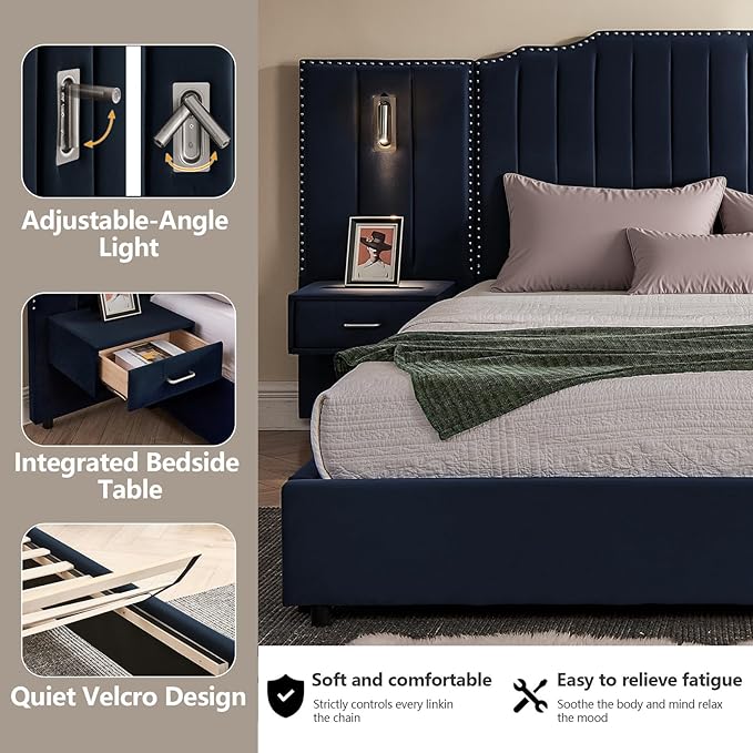 King Size Bed Frame with Storage, Luxury King Platform Bed Frame with Headboard - Image 4