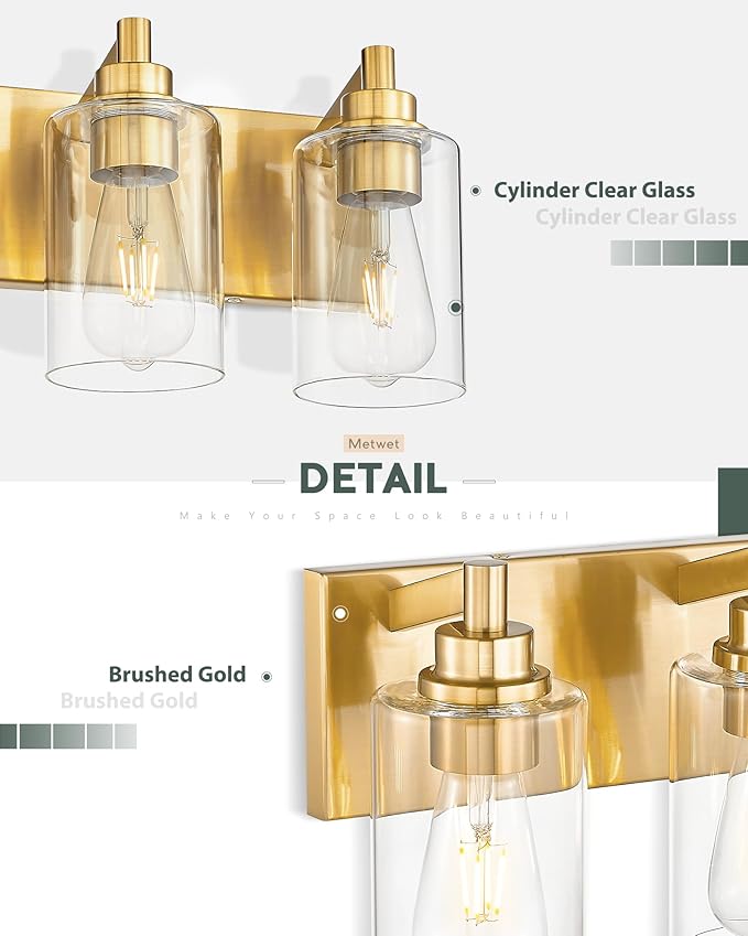 METWET 4-Light Bathroom Light Fixtures, Brushed Gold Vanity Light - Image 2