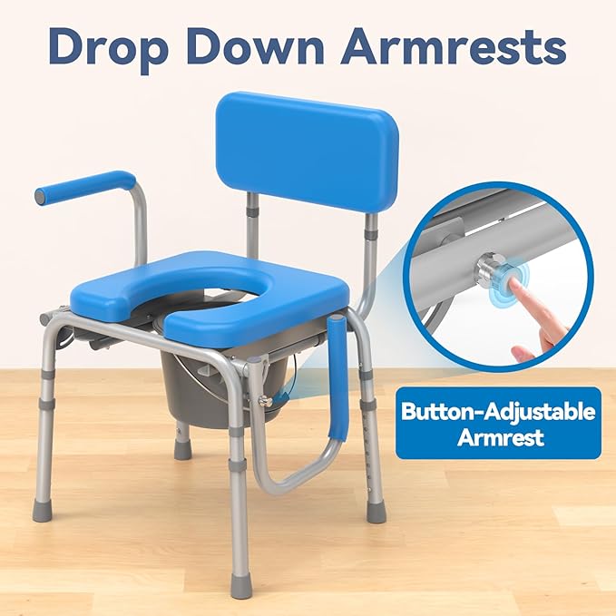 Drop Arm Bedside Commode with Linners, Commode with Padded Seat and Backrest - Image 3