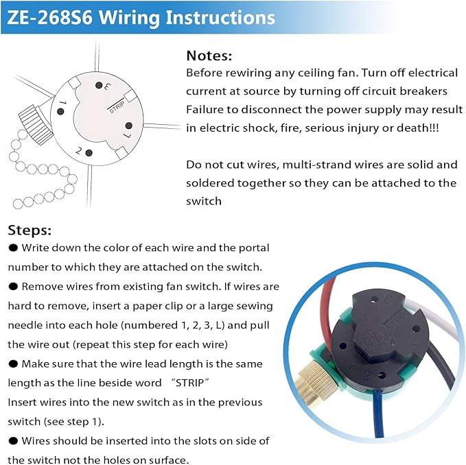 Ceiling Fan Switch, 4 Wire Zing Ear ZE-268S6 Pull Chain Switch Replacement 3 - Image 5