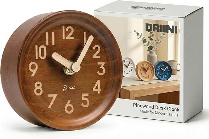 Driini Wooden Analog Desktop Clock – 4.3 in. Decorative Pinewood, No-Tick by Driini