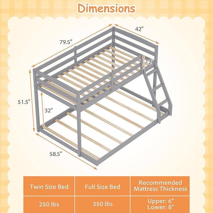 KOMFOTT Low Bunk Bed Twin Over Full, Solid Wood Twin Bed Frame - Image 2