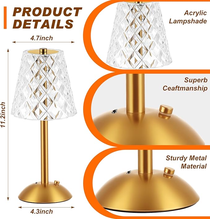 Liliful 1 Pcs Cordless Table Lamp Rechargeable Touch LED Small Gold Portable - Image 2