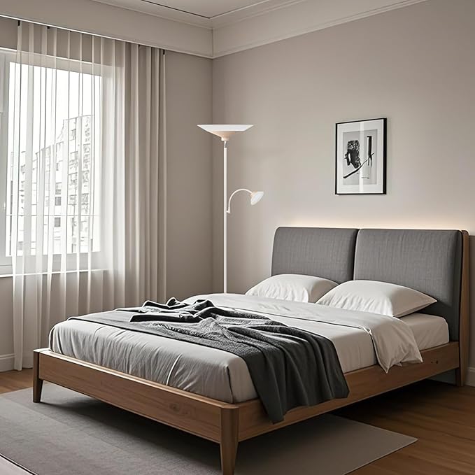 Torchiere Floor Lamp with Wood Grain Shade, 2-in-1 Floor Reading Lamp with - Image 9
