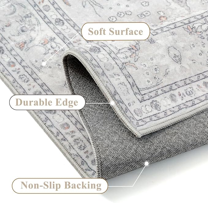 Grey 2x3 Area Rug Washable Vintage Small Carpet - Image 3