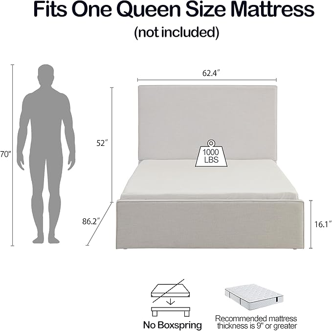 Queen Size Upholstered Bed Frame, Lucas Tall Headboard Floor Platform Beds - Image 2