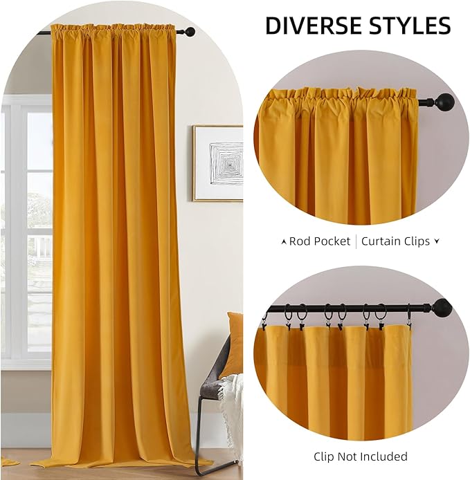 Joydeco Yellow Velvet Curtains 63 inch Length 2 Panels, Luxury Blackout Rod - Image 2