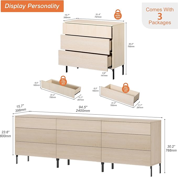 WAMPAT 94.5" W Fluted Dresser for Bedroom, Modern 9 Drawer Dresser TV Stand - Image 2
