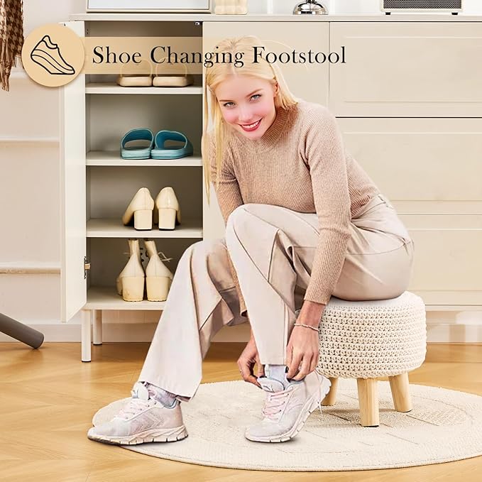 LGENHOOM Boho Ottoman Foot Stool Cotton Knitted Round Pouf Ottoman Foot Rest - Image 4
