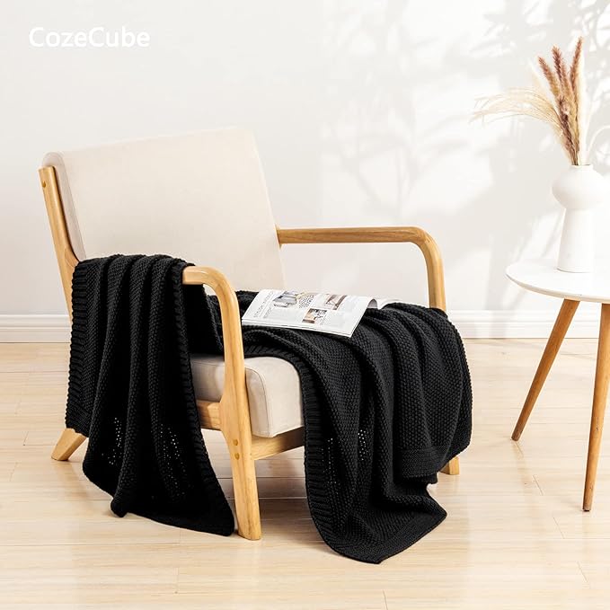 CozeCube Black Throw Blanket for Couch, Soft Cozy Cable Knit Throw for Bed Sofa - Image 2