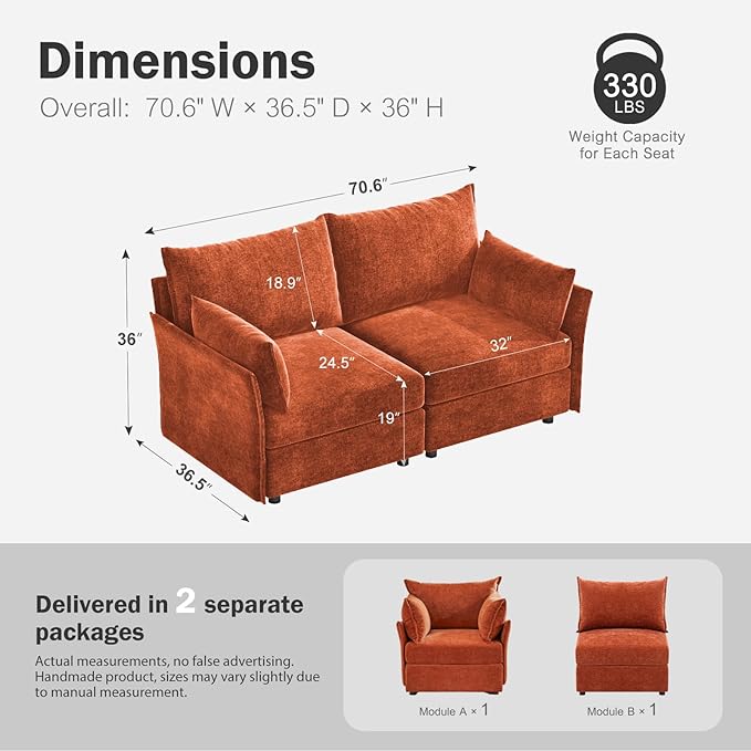 ABCASA Oversized Loveseat Sofa, Modern Modular Sectional Couch Terracotta - Image 2