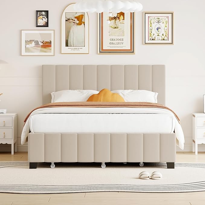 Queen Bed Frame with Trundle Bed, Velvet Upholstered Platform Bed Frame with - Image 3