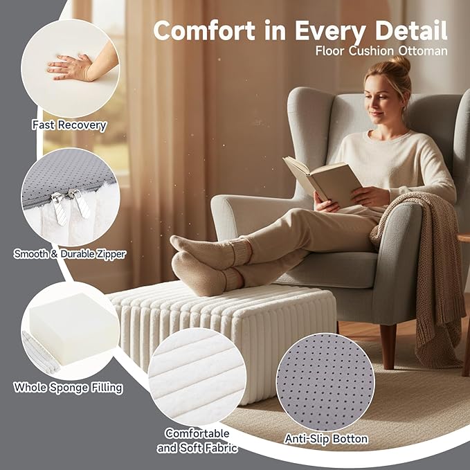 Tiita Suqre Stuffed Pouf Ottoman, Stripe Poufs 21×21×10 inch - Image 2