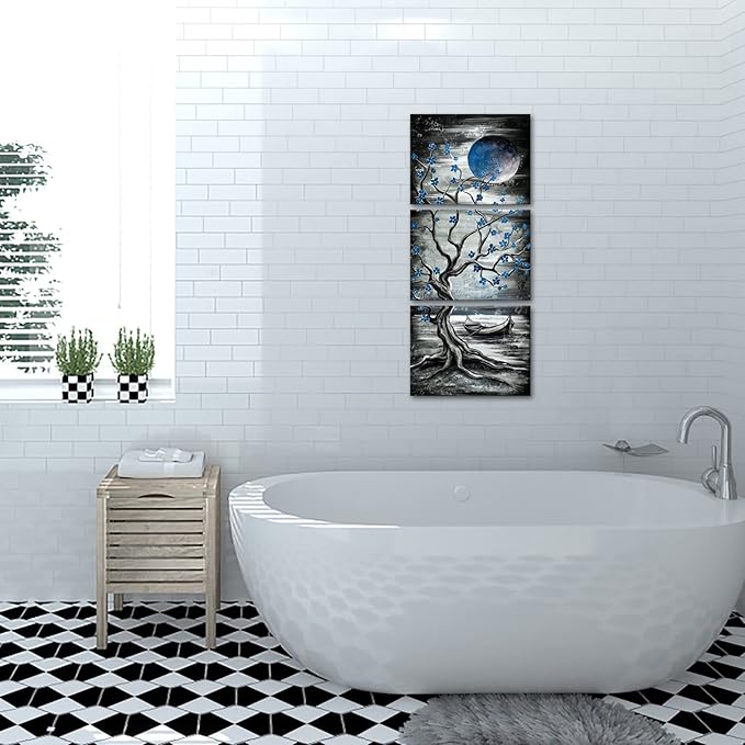 KREATIVE ARTS 3 Piece Full Moon Tree Canvas Wall Art Modern Abstract Black and - Image 3