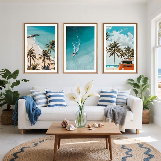 LHIUEM Large Nature Surfboard Beach Framed Canvas Wall Art, Summer Ocean - Image 2