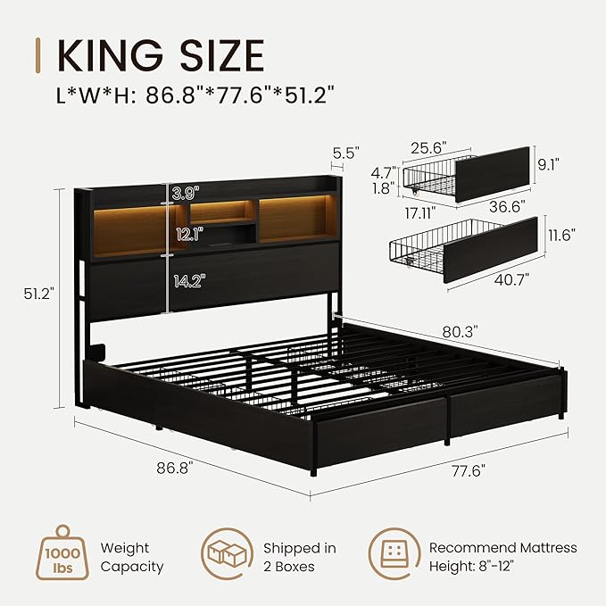 King Storage Bed Frame with 6 Drawers, USB Charging Station, No Noise, No Box - Image 2