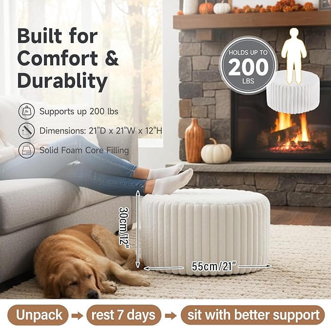 Tiita Round Stuffed Pouf Ottoman, Stripe Faux Fur Poufs - Image 6