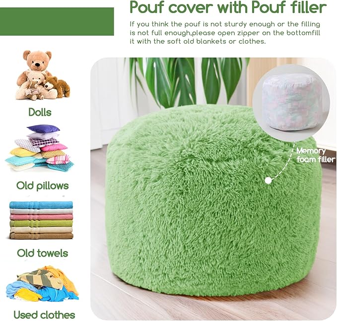 HIGOGOGO Round Stuffed Pouf Ottoman, Long Faux Fur Poufs - Image 4