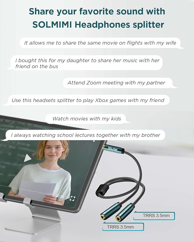SOLMIMI Headphone Splitter for 2 Headphones, TRRS 3.5mm Male to 2 Female Audio - Image 2