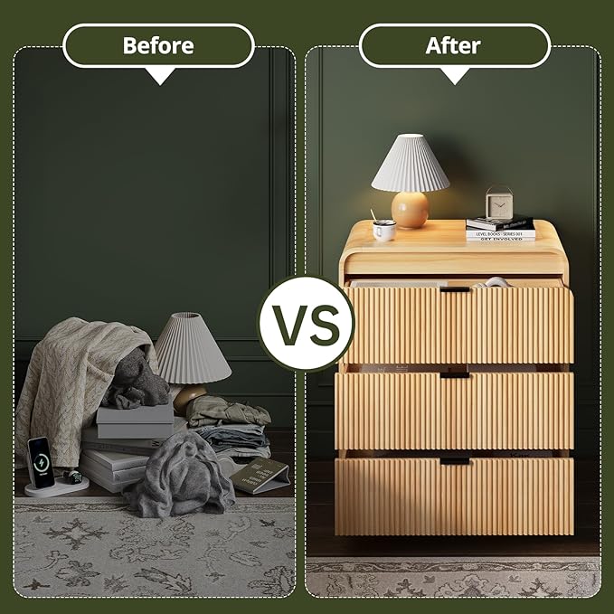 FURSUN 32" Tall Fluted Nightstand Set of 2, 3 Drawers Wooden End Table w/Storage - Image 5