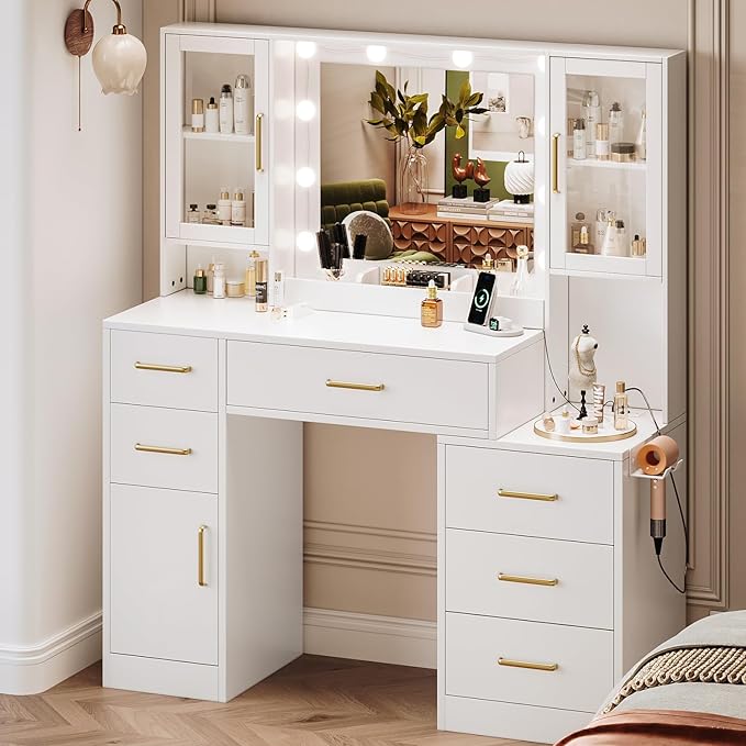 51" Vanity Desk with Mirror and Lights & Charging Station, Bedroom Dressing - Image 5