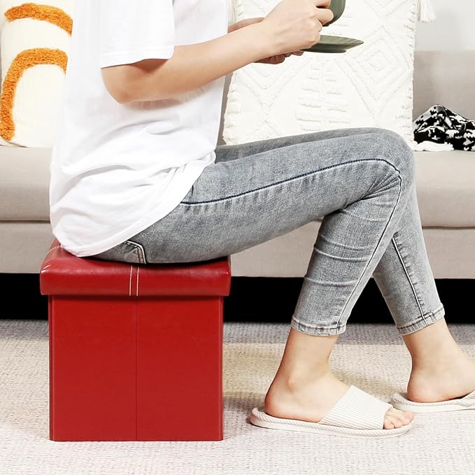 B FSOBEIIALEO Folding Storage Ottoman Cube, Faux Leather Footrest Seat Coffee - Image 6