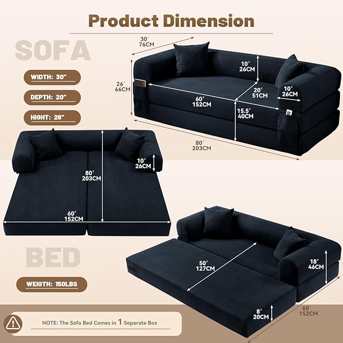 Convertible Sofa Bed, Corduroy Pull Out Couch Boneless Couches - Image 3