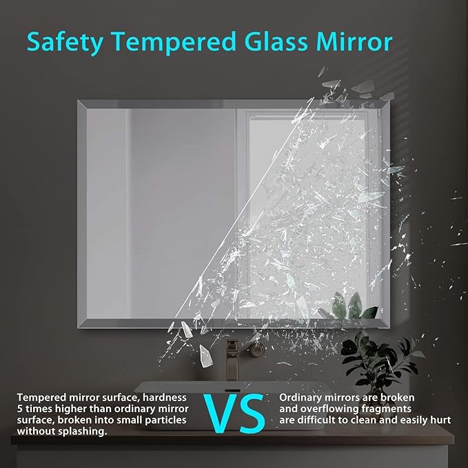 Frameless Beveled Edge Bathroom Mirror 38x26 Inch Rectangle Wall Mirror - Image 6