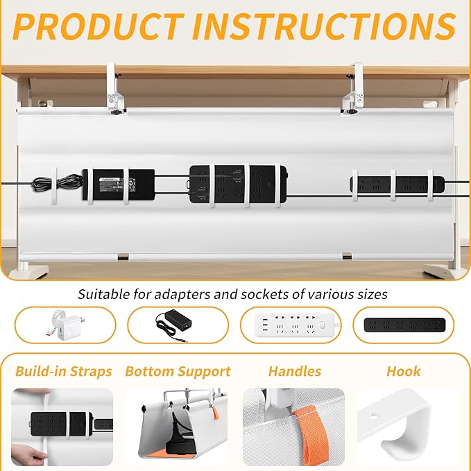 No Drill Under Desk Cable Management Tray, Fabric Cable Management - Image 5
