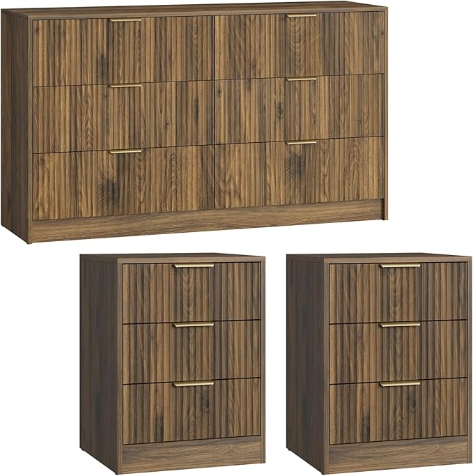 Walnut Dresser & Nightstand Set 3-Piece, 6 Drawer Dresser and Night Stand Set - Image 8