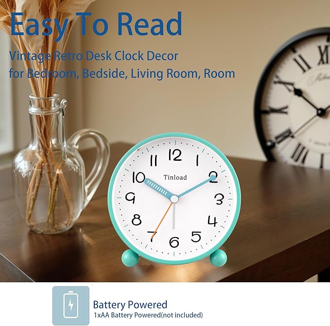 4.5" Antique Retro Analog Alarm Clock, Small Silent Battery Operated Clock - Image 2