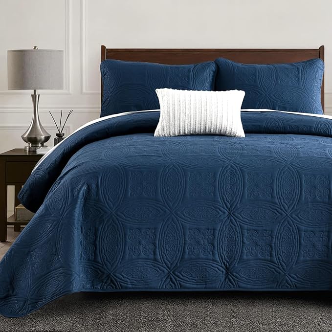 Yiran Navy Blue Quilt Set King Size Lightweight Bedspread Embossed Pattern Soft by Yiran