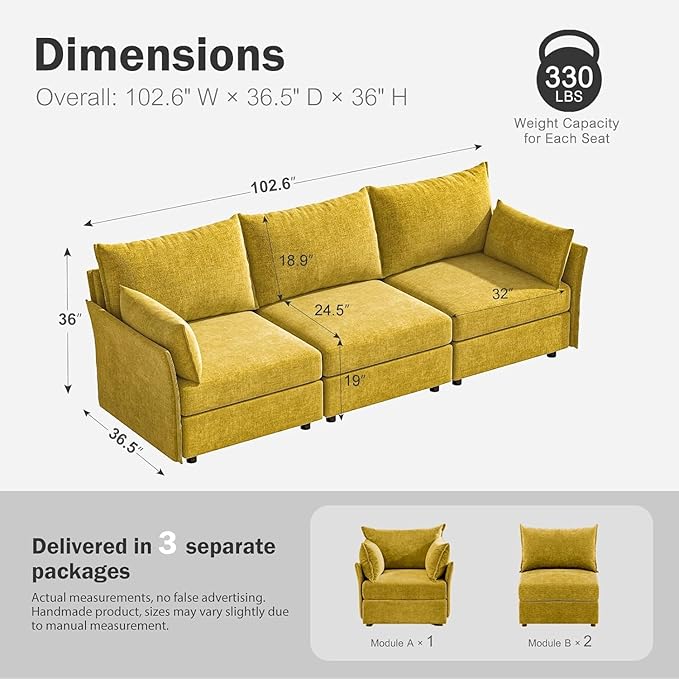 ABCASA 102.6" Modular Sectional Sofa, Oversized 3-Seater Yellow Orange Couch - Image 2