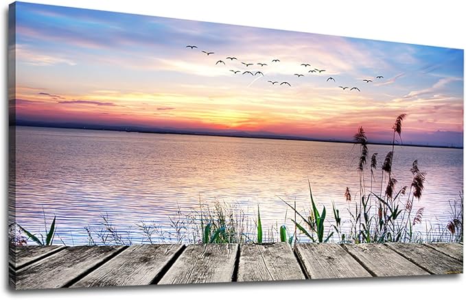 Canvas Wall Art Lake Dock Sunset Scenery Flying Birds Picture Large Beach by yearainn