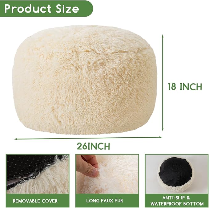 HIGOGOGO Round Stuffed Pouf Ottoman, Long Faux Fur Poufs - Image 2