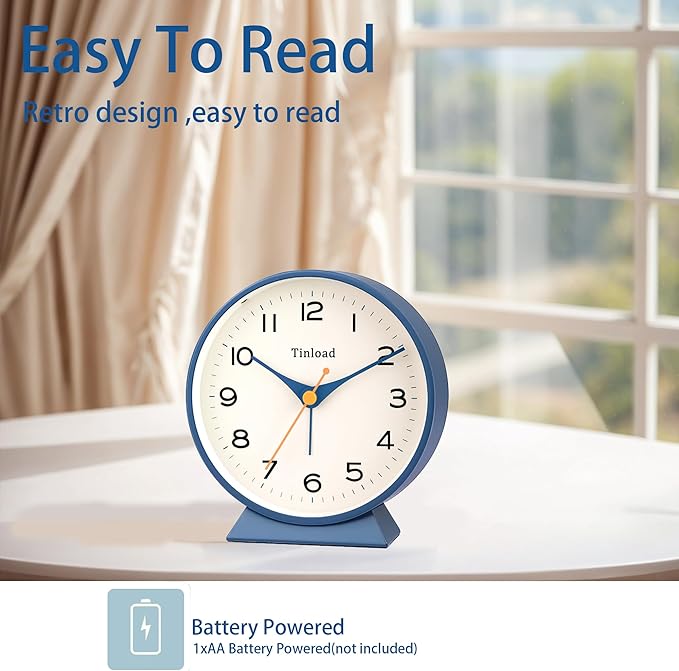 4.5" Battery Operated Retro Analog Alarm Clock, Small Silent Bedside Desk Clock - Image 3